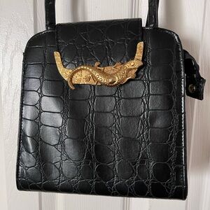 Vintage Chateau Elegant Black Purse with Gold Lizard